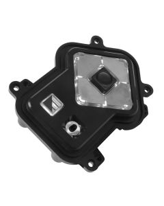 Arrow shaped keypad. Right hand side are 4 navigation keys with center Enter key. Left of navigation keys is 1 square key above an audio jack. Keypad is black & most keys have white illumination. Edge of keypad are 4 flanges with holes for installation.