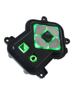 Arrow shaped keypad. Right hand side are 4 navigation keys with center Enter key. Left of navigation keys is 1 square key above an audio jack. Keypad is black & most keys have green illumination. Edge of keypad are 4 flanges with holes for installation.