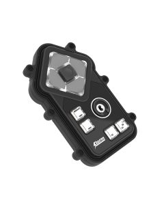 Arrow shaped keypad. At the top are 4 navigation keys with center Enter key. Below navigation keys are 4 square keys and an audio jack. Keypad is black & most keys have white illumination. 